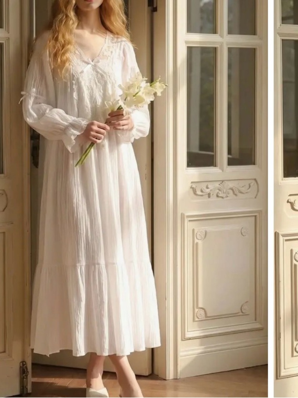 Women’s White Long Sleeve Lace-Trim Maxi Dress-night gown